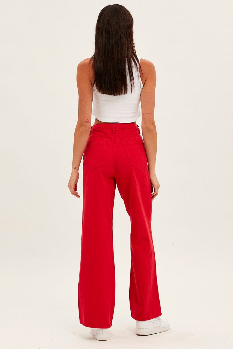 Red Wide Leg Denim Jeans High Rise for Ally Fashion