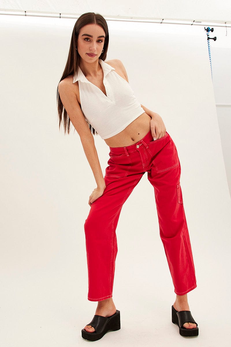 Red Cargo Denim Jeans Low Rise for Ally Fashion