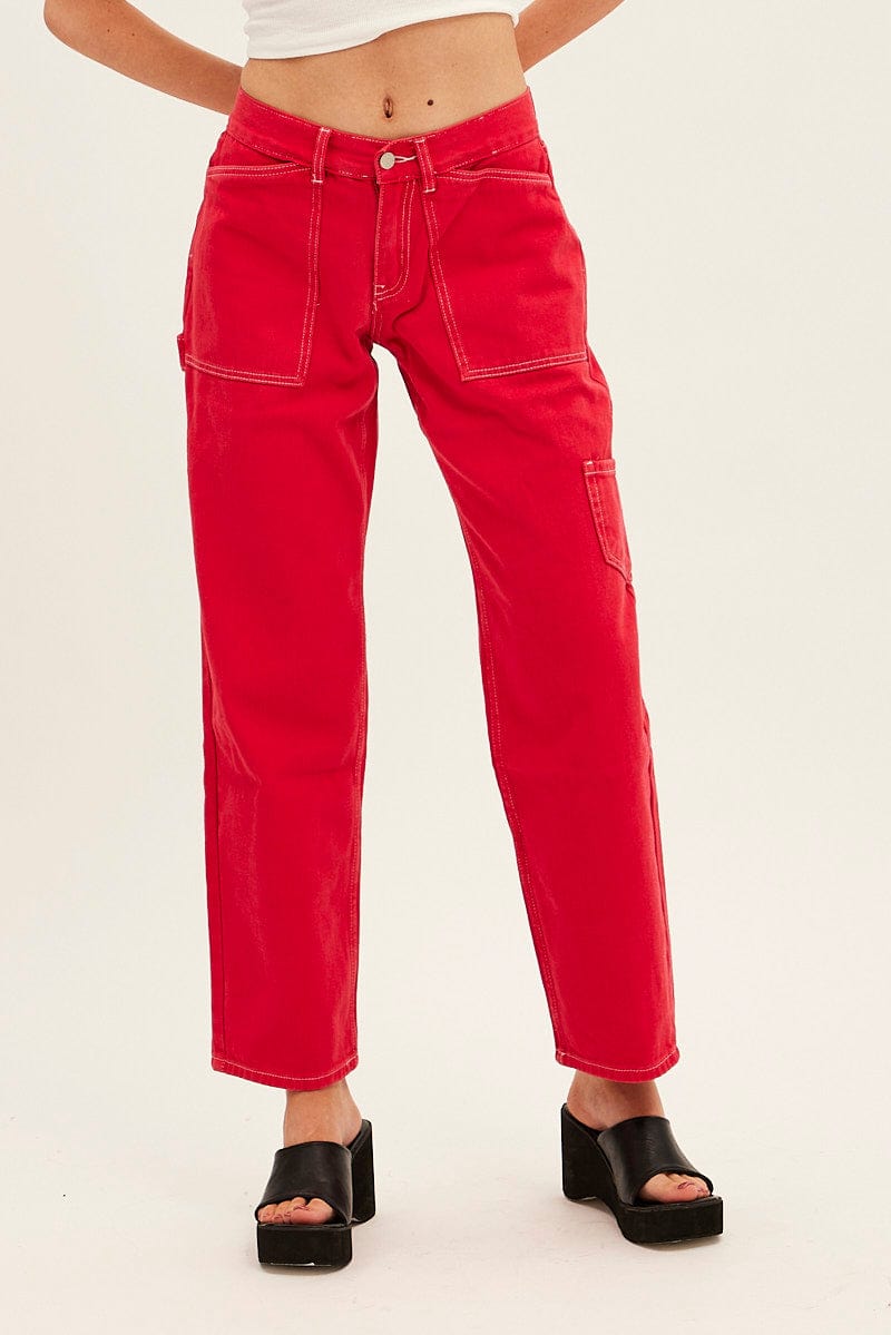 Red Cargo Denim Jeans Low Rise for Ally Fashion