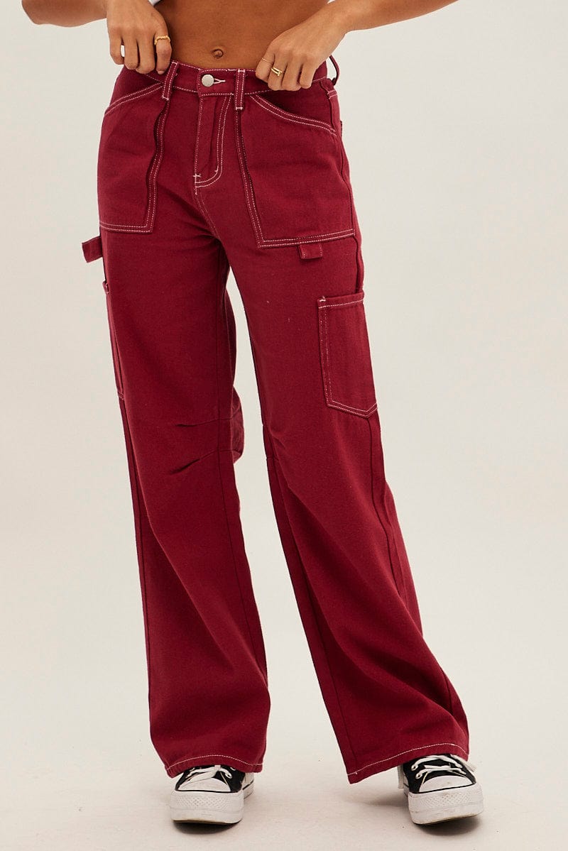 Red Cargo Jeans Mid Rise | Ally Fashion