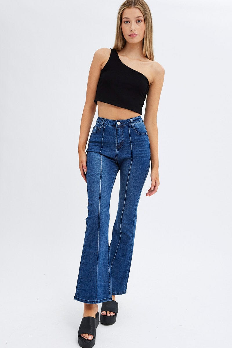 Denim Flare Jeans Mid Rise Pintuck | Ally Fashion