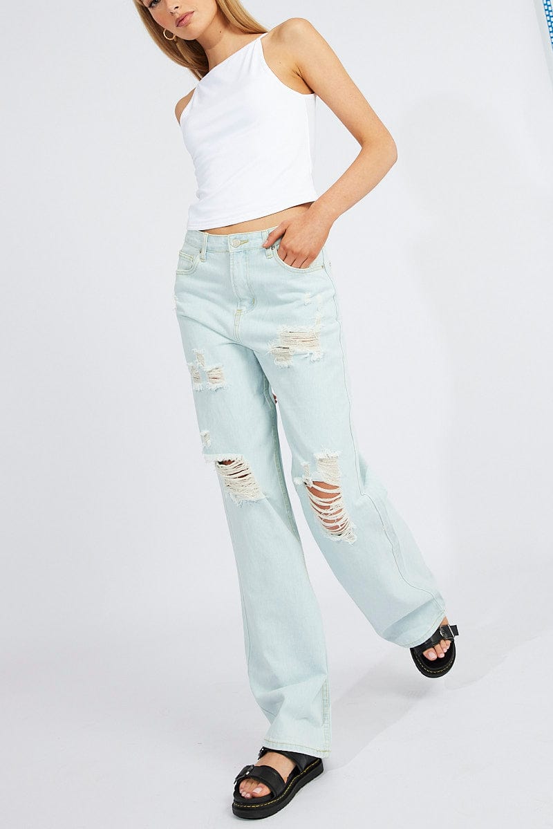 Denim Wide Leg Jean High Rise Ripped for Ally Fashion