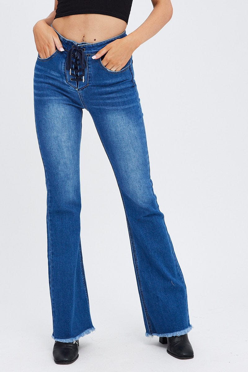 Blue Flare Jeans Lace Up for Ally Fashion