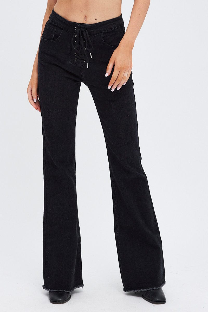 Black Flare Jeans Lace Up Ally Fashion