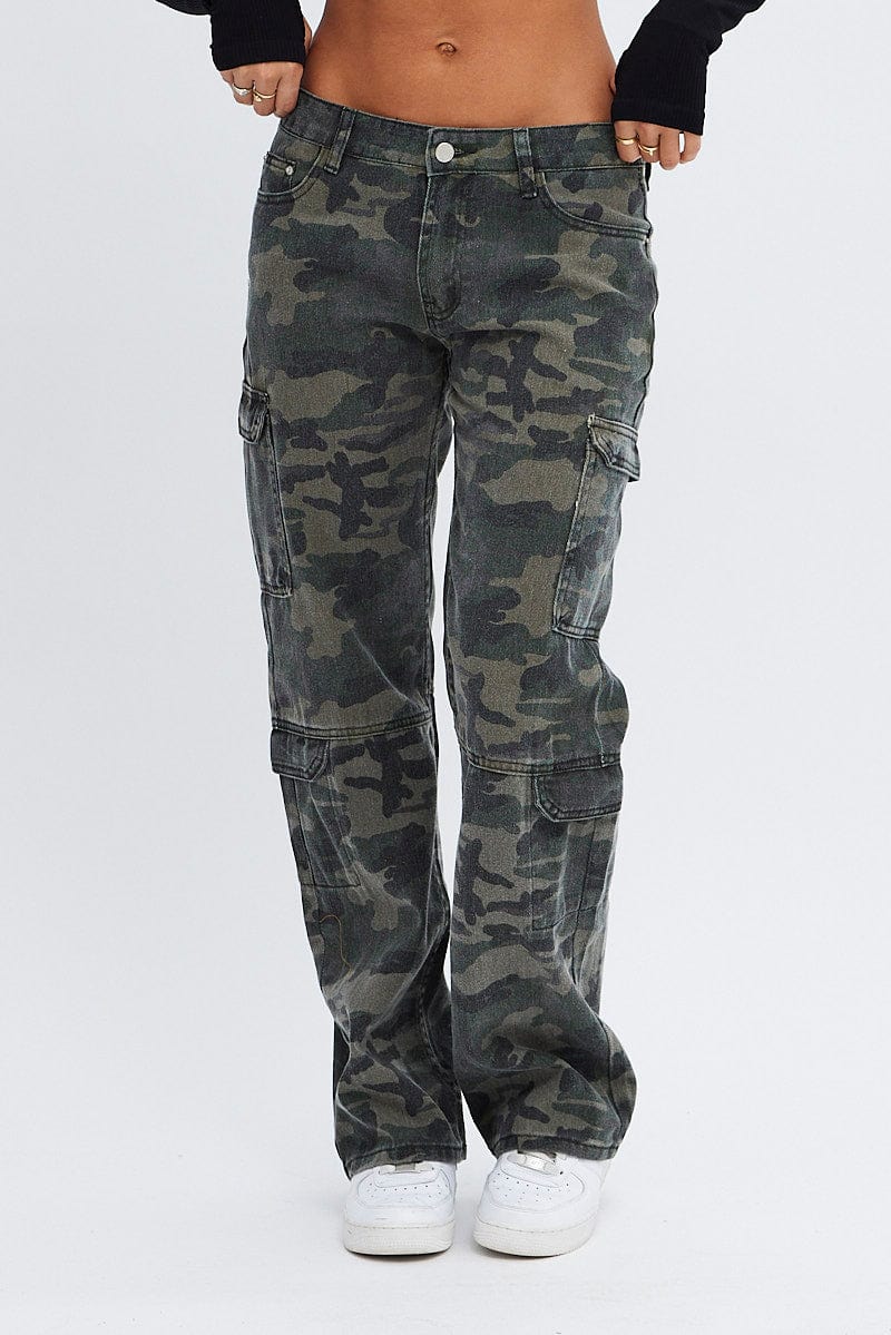 Green Print Camo Cargo Jeans Straight Out Pocket for Ally Fashion