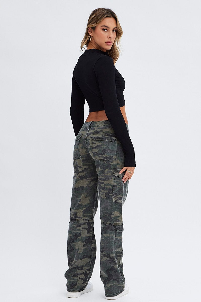 Green Print Camo Cargo Jeans Straight Out Pocket for Ally Fashion