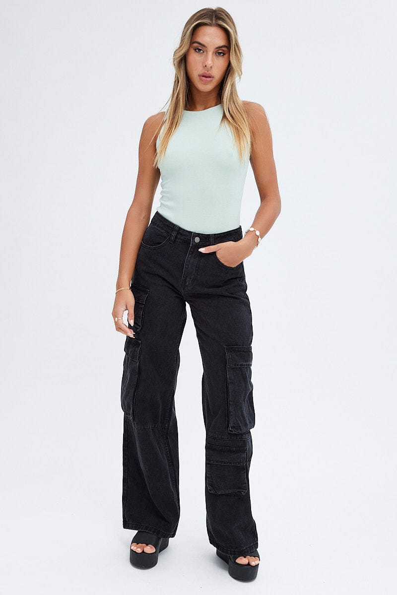 Black Cargo Jeans Multi Pocket | Ally Fashion