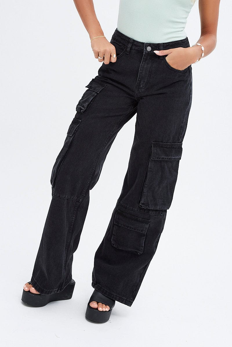 Black Cargo Jeans Multi Pocket for Ally Fashion