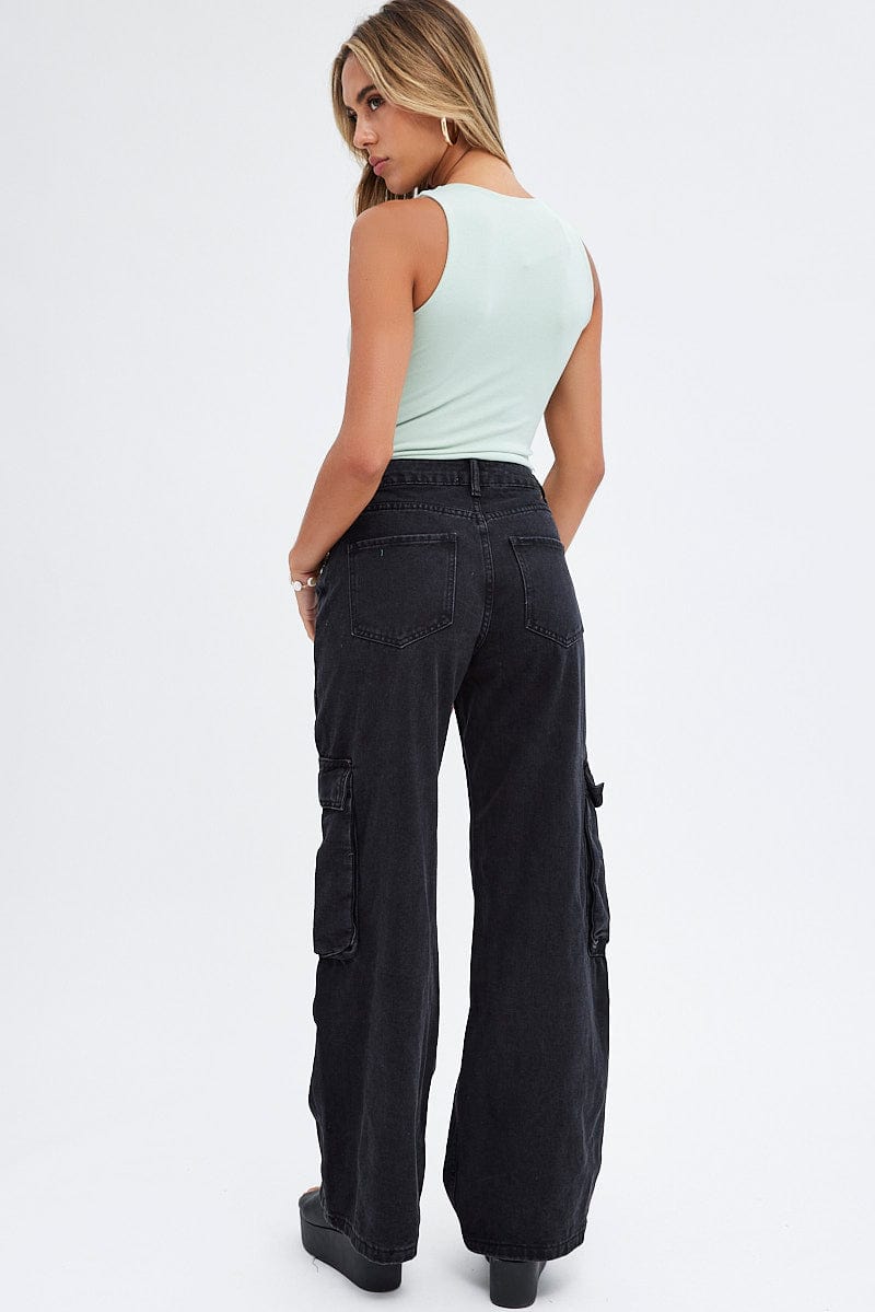 Black Cargo Jeans Multi Pocket for Ally Fashion