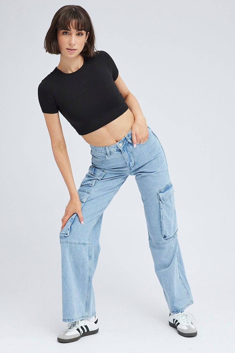 Denim Cargo Jeans Mid Rise Pocket for Ally Fashion