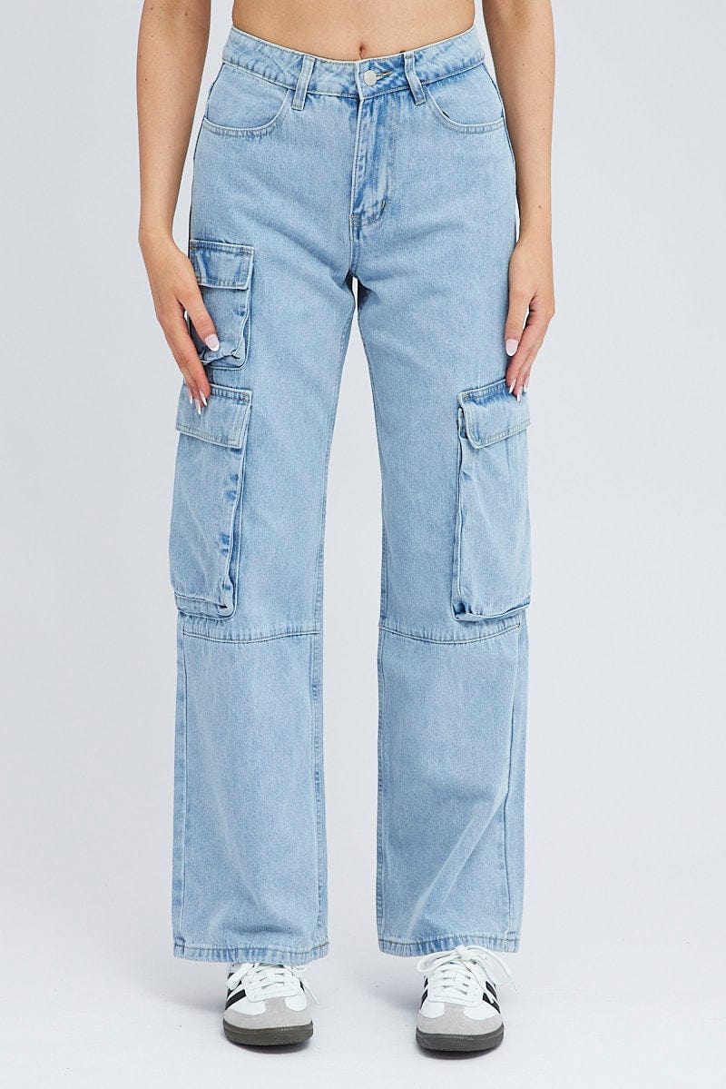 Denim Cargo Jeans Mid Rise Pocket for Ally Fashion