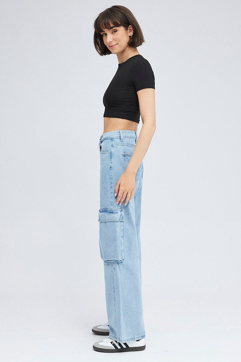 Denim Cargo Jeans Mid Rise Pocket for Ally Fashion