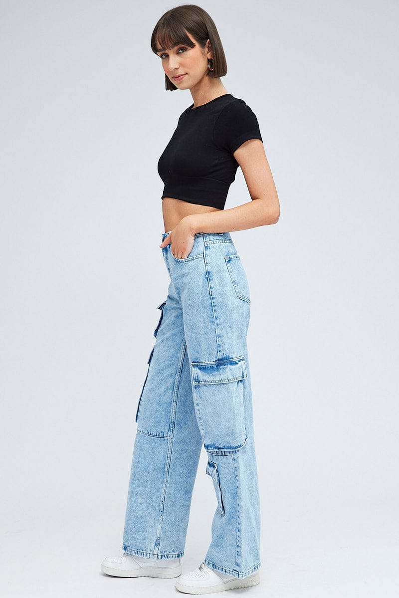 Womens Oversized Denim Cargo Pants With Multi Pockets Relaxed