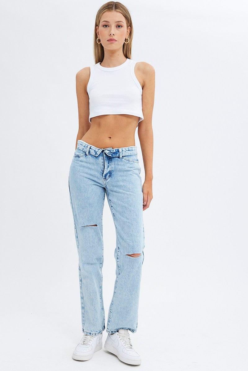 Denim Low Rise Jeans Straight Fold Down Waist | Ally Fashion
