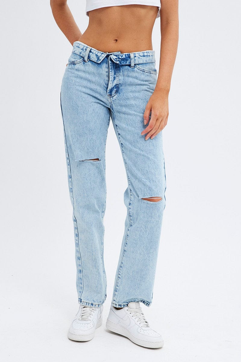 Denim Low Rise Jeans Straight Fold Down Waist for Ally Fashion