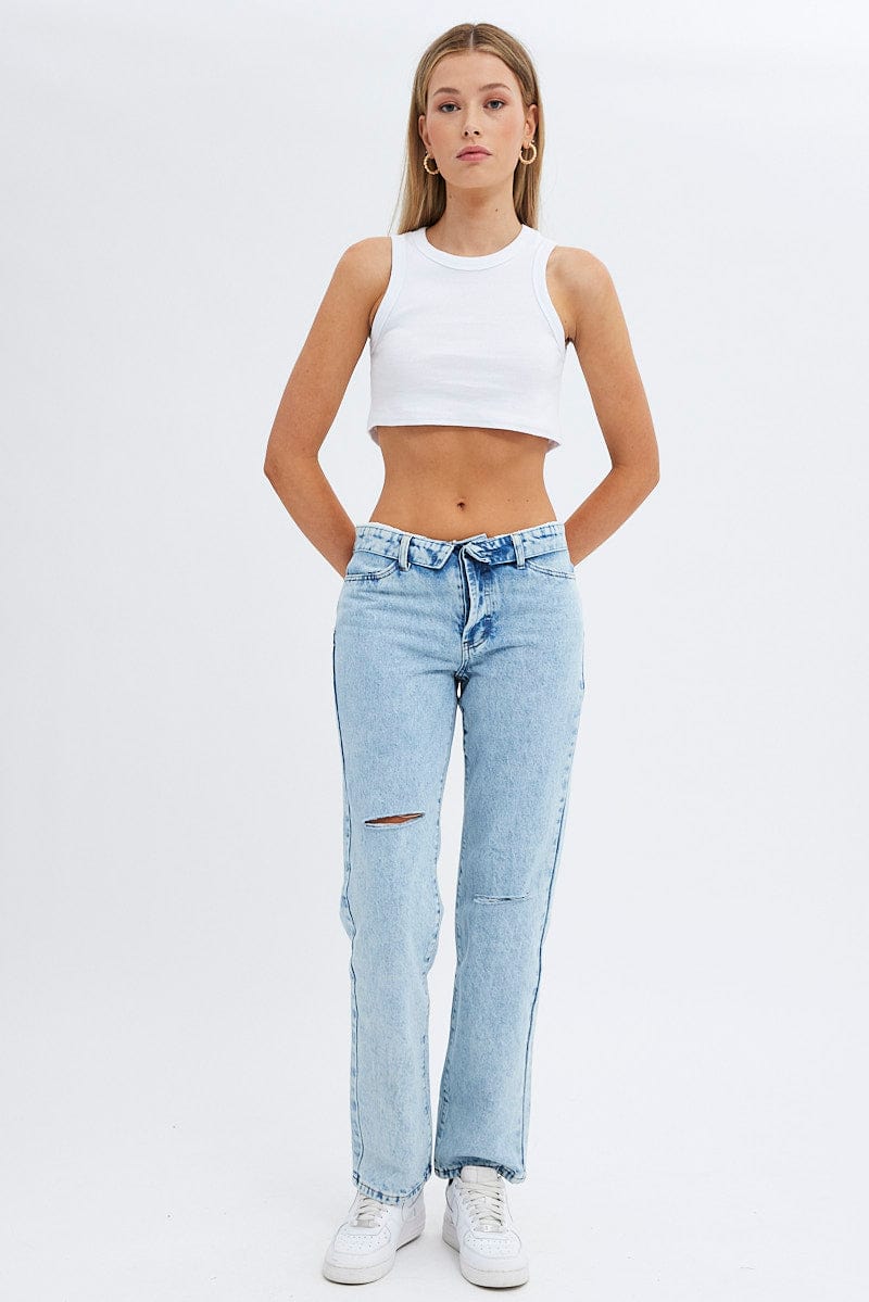 Denim Low Rise Jeans Straight Fold Down Waist | Ally Fashion