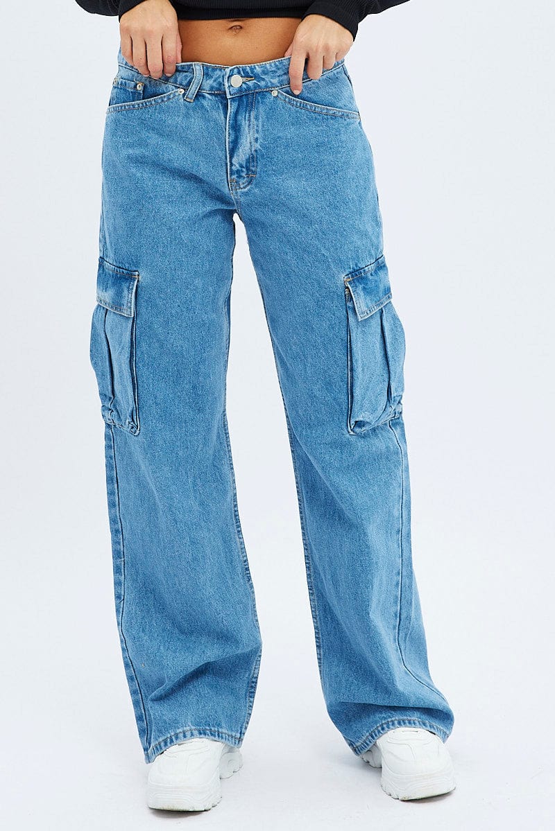 Denim Cargo Jeans Mid Rise Out Pocket for Ally Fashion
