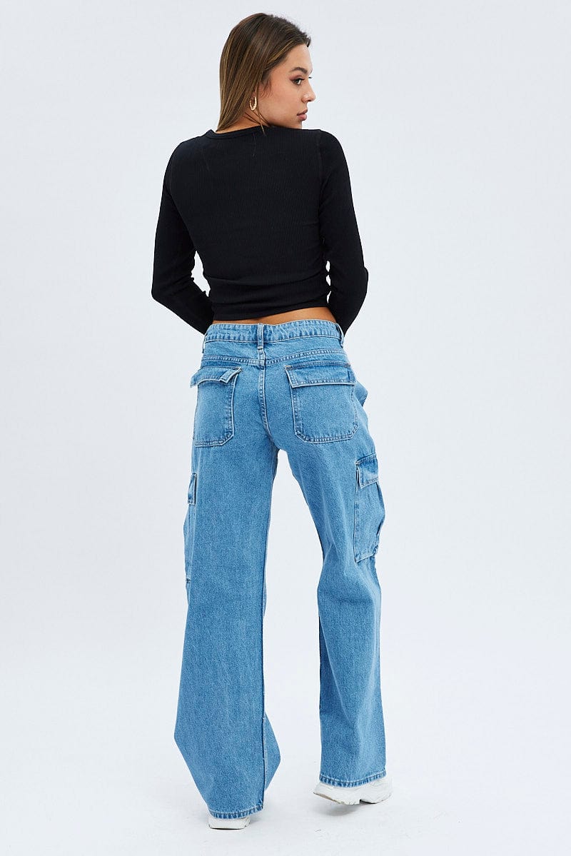 Denim Cargo Jeans Mid Rise Out Pocket for Ally Fashion