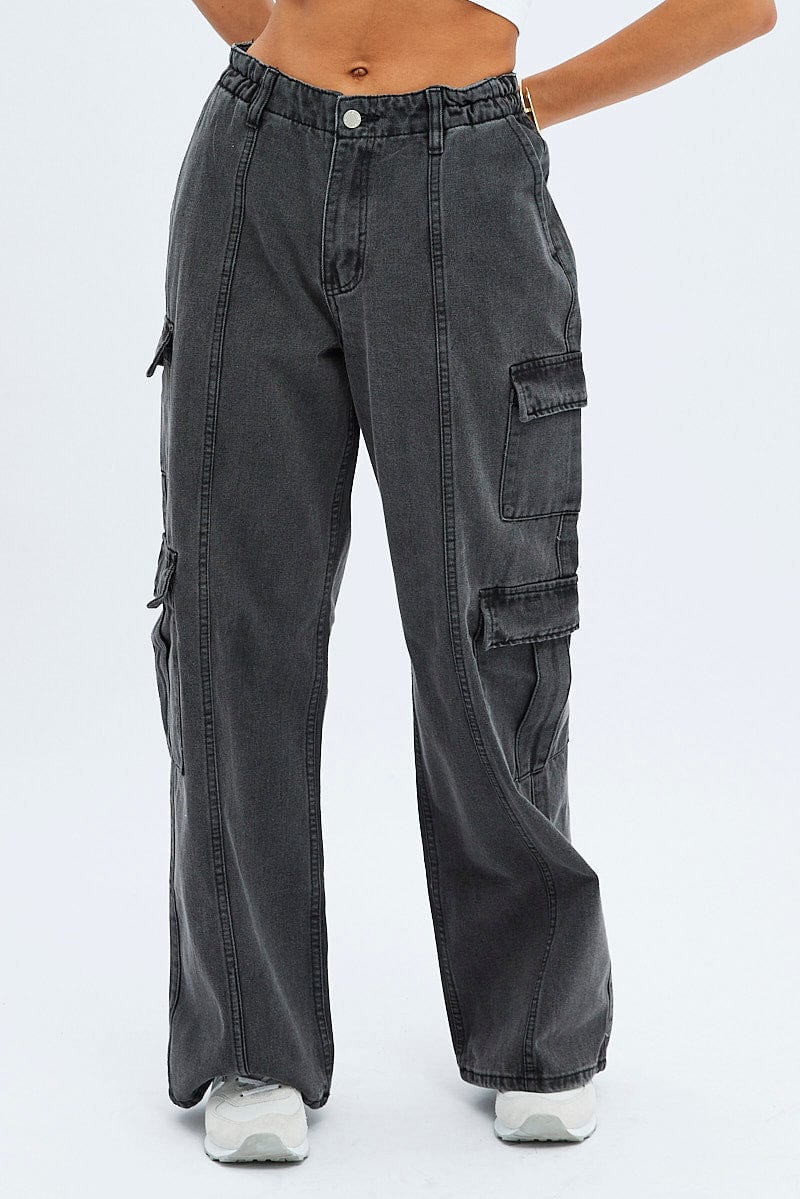 Grey Cargo Jeans Mid Rise Out Pocket for Ally Fashion