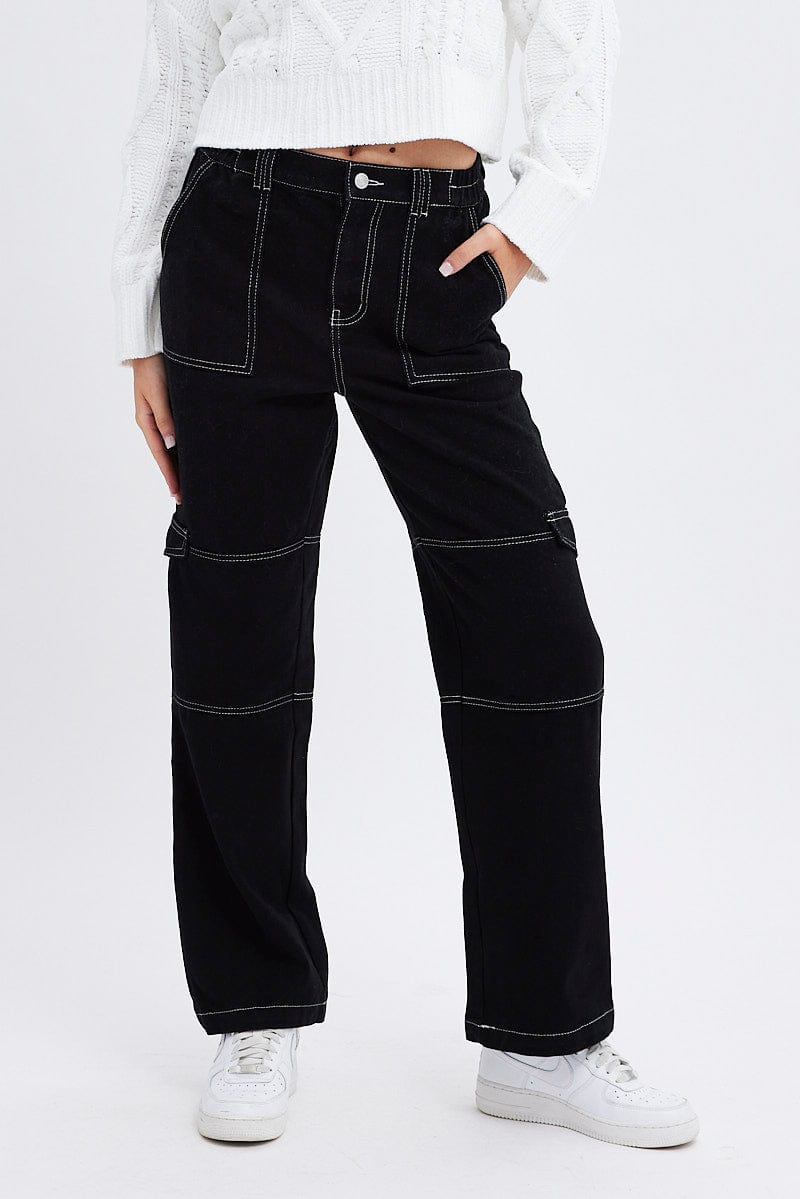 Black Cargo Jeans Straight Back Elastic Waist | Ally Fashion