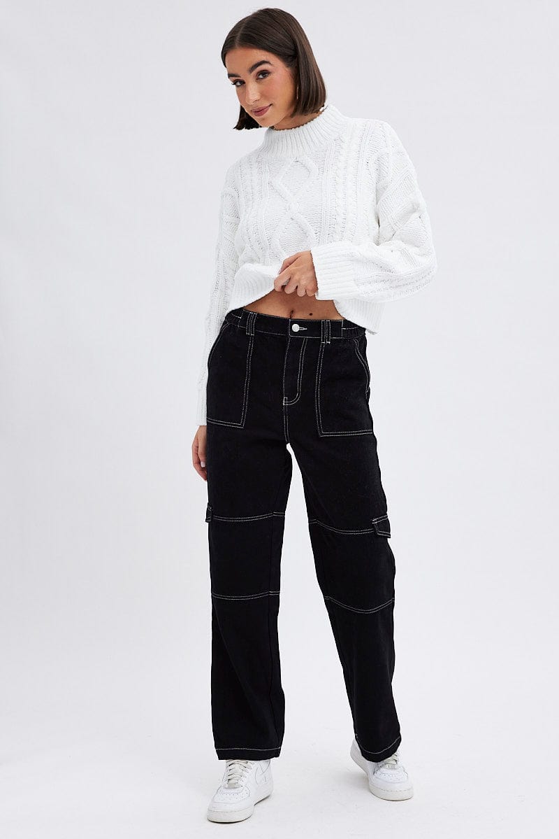 Black Cargo Jeans Straight Back Elastic Waist for Ally Fashion