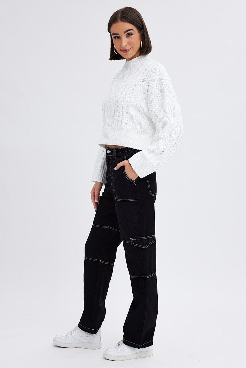 Black Cargo Jeans Straight Back Elastic Waist for Ally Fashion