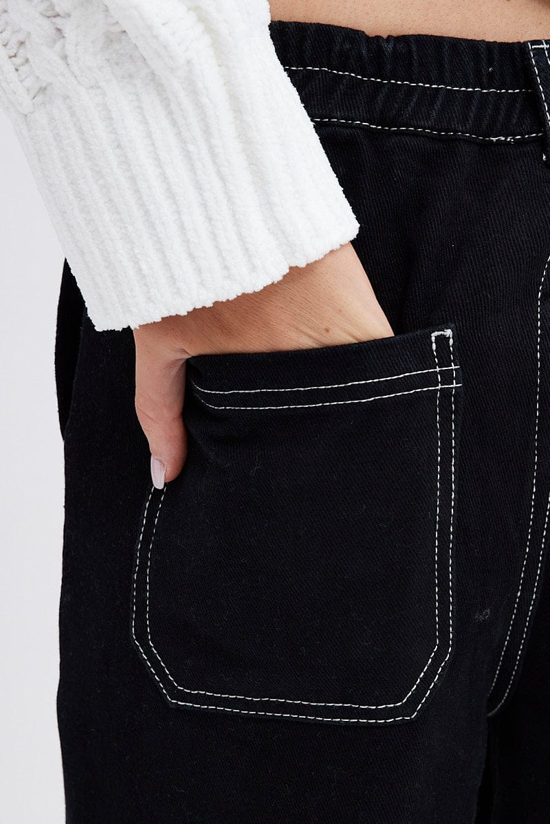 Black Cargo Jeans Straight Back Elastic Waist for Ally Fashion