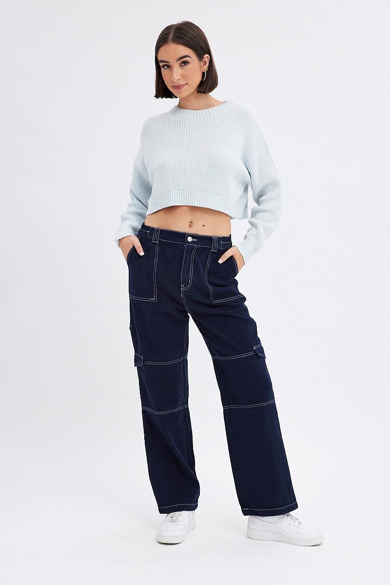 Blue Cargo Jeans Straight Back Elastic Waist for Ally Fashion