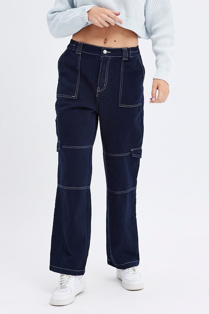 Blue Cargo Jeans Straight Back Elastic Waist for Ally Fashion