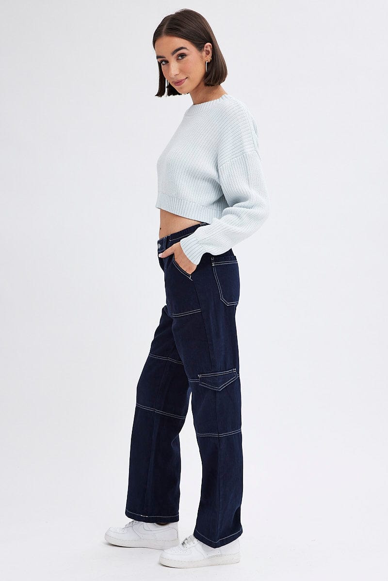 Blue Cargo Jeans Straight Back Elastic Waist for Ally Fashion