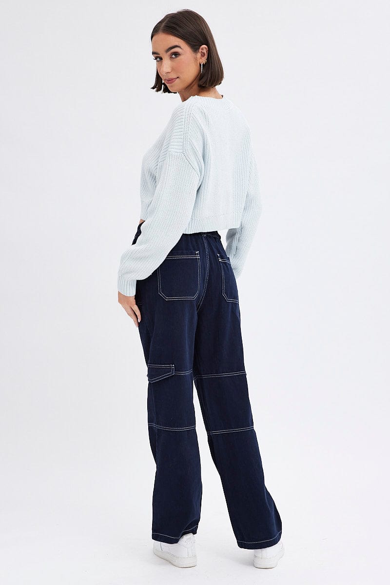 Blue Cargo Jeans Straight Back Elastic Waist for Ally Fashion