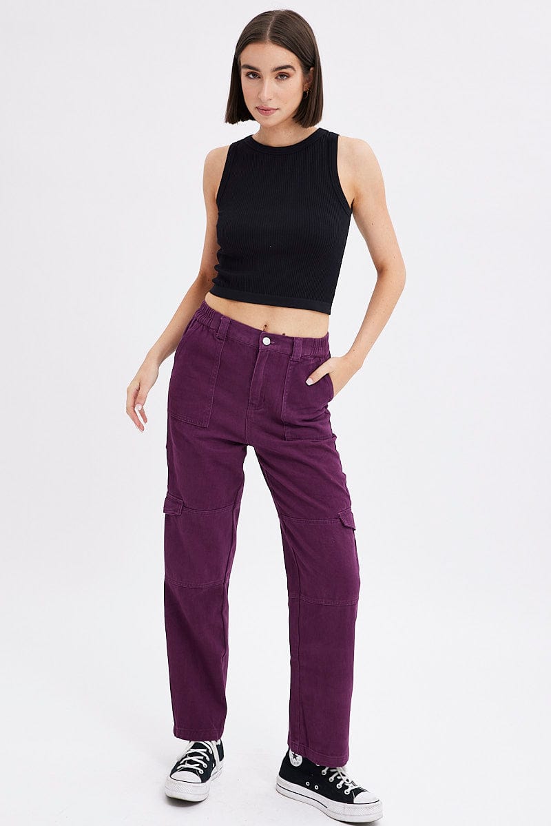 Purple Cargo Jeans Straight Back Elastic Waist | Ally Fashion