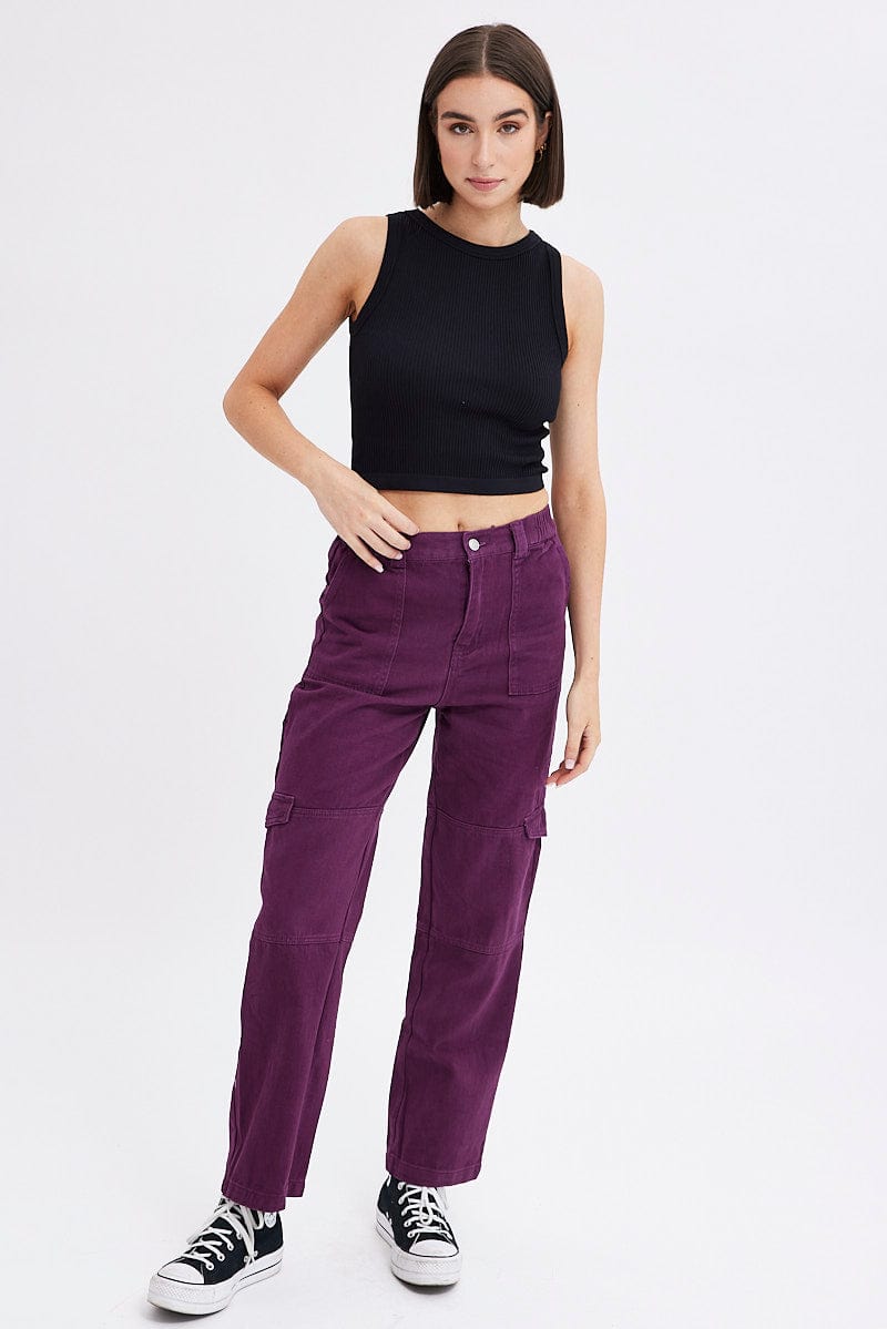Purple Cargo Jeans Straight Back Elastic Waist