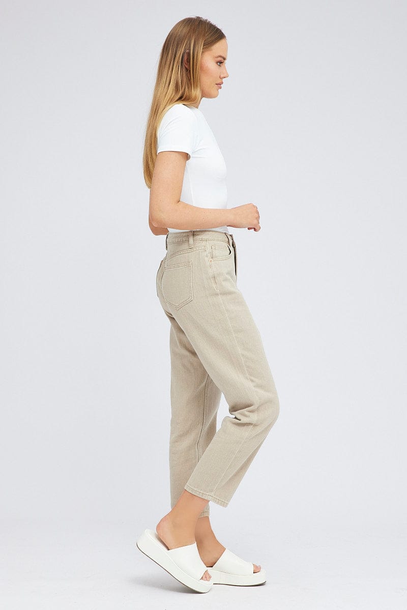 HOT Fashion Mom Jeans Denim Jeans Beige Mom Jeans Beige