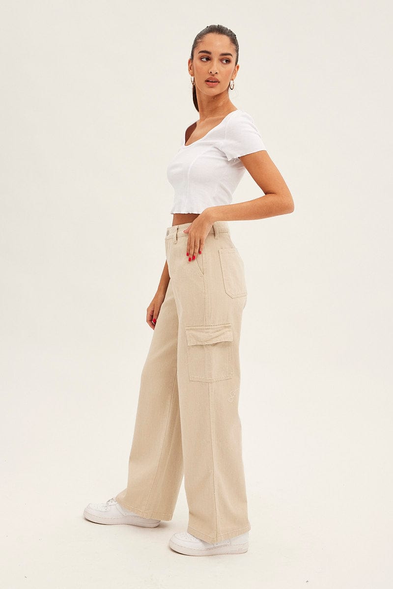 Beige Cargo Denim Jeans High Rise for Ally Fashion