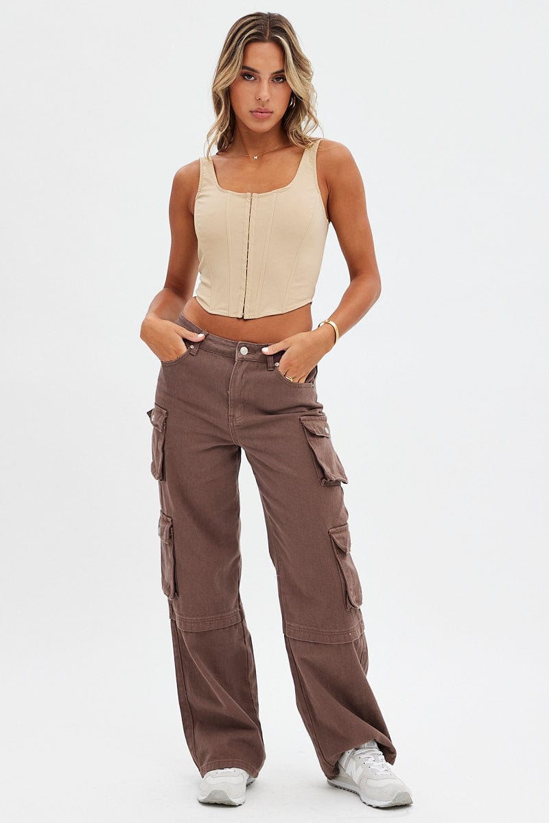 Brown Cargo Denim Jeans High Rise for Ally Fashion