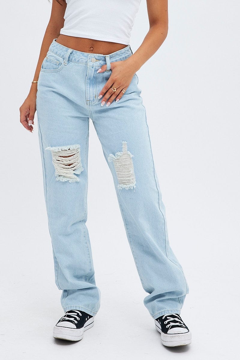 Blue Ripped Denim High Waisted Baggy Jeans Casual Mid Waist Pants