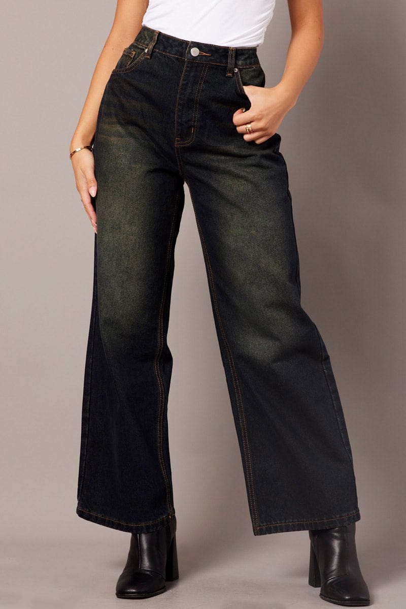 Denim Wide Leg Jean Mid Rise Dirty Wash Ally Fashion