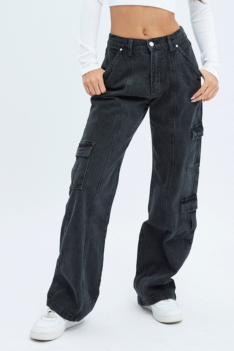 Black Cargo Denim Jeans Mid Rise | Ally Fashion