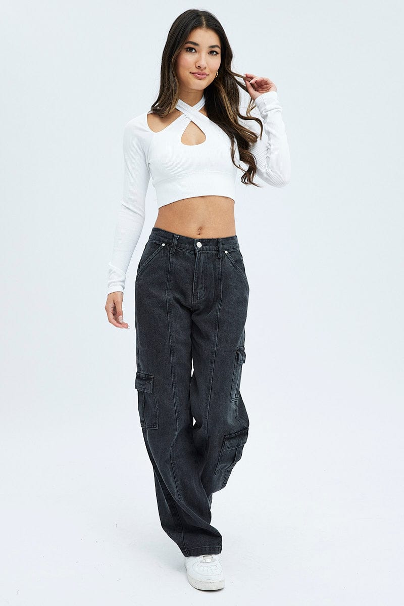 Black Cargo Denim Jeans Mid Rise | Ally Fashion