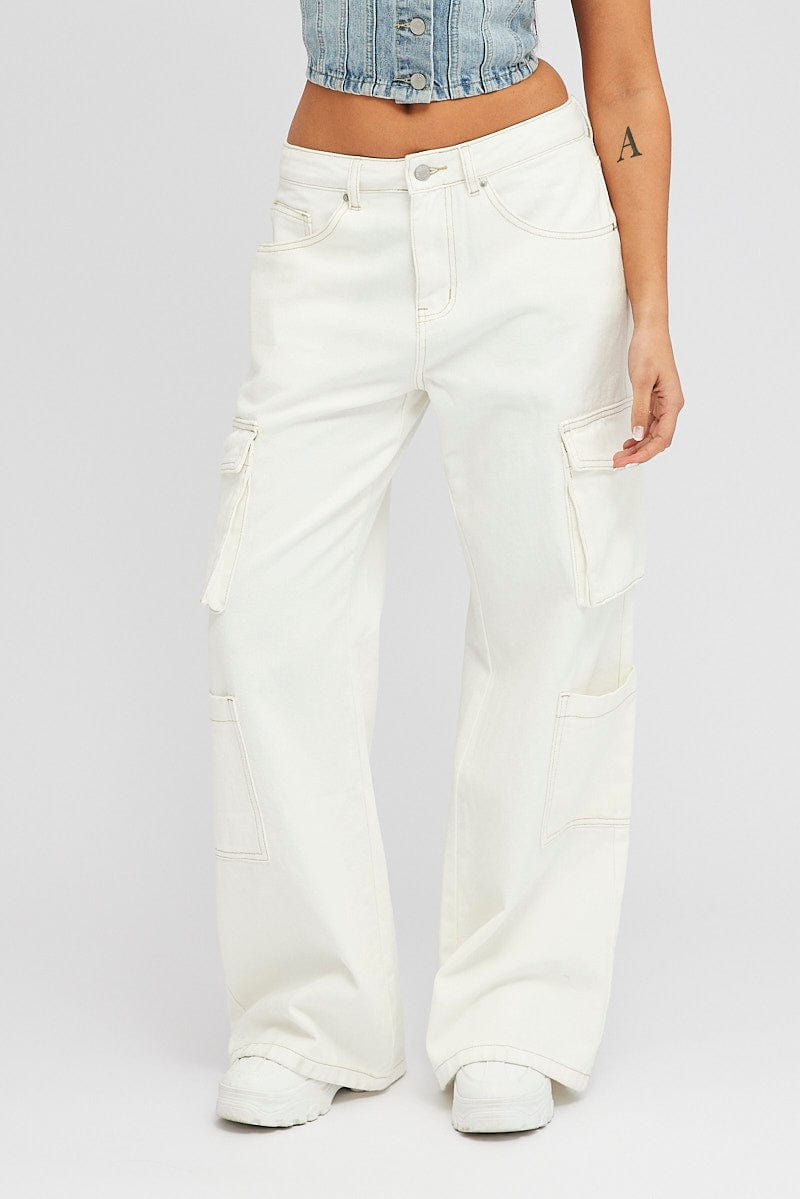 White Cargo Jean High Rise Multi Pocket for Ally Fashion