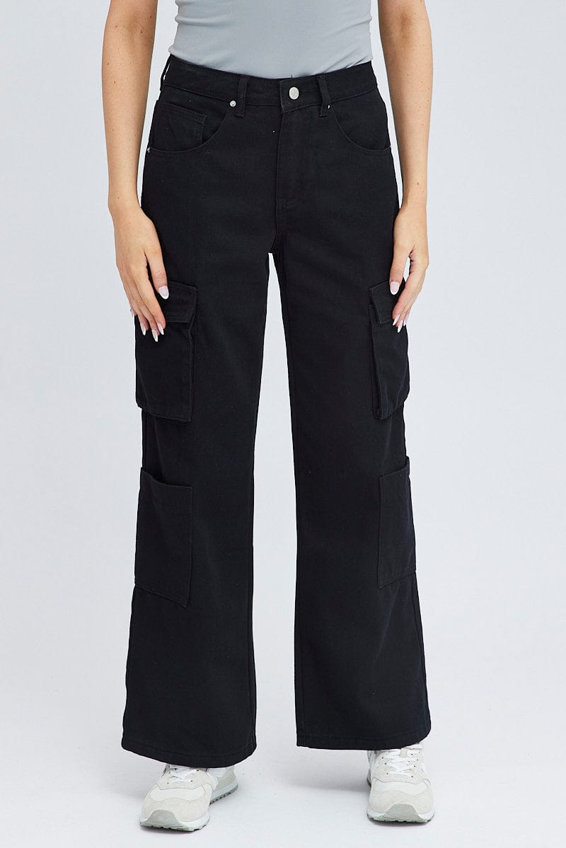 Black Cargo Jean High Rise Multi Pocket for Ally Fashion