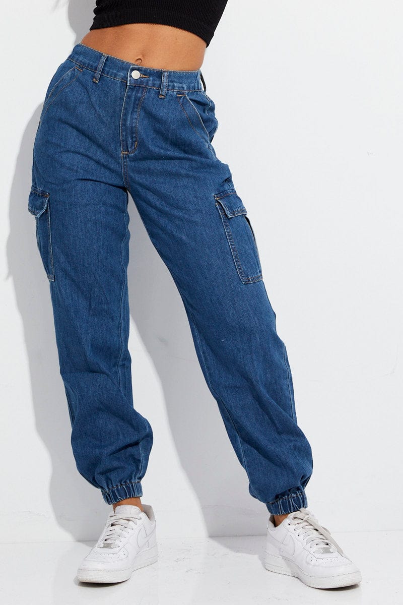 Blue Cargo Denim Jeans High Rise for Ally Fashion