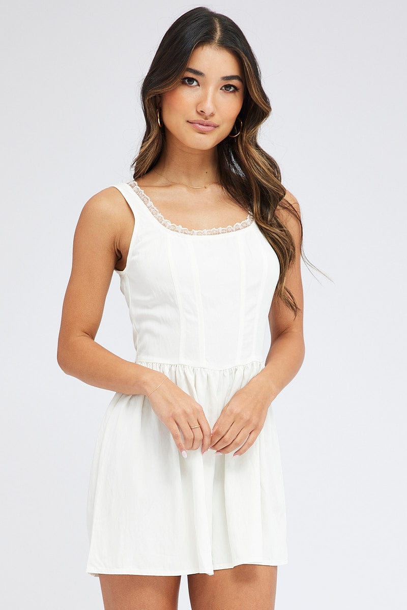 White Playsuit Sleeveless Scoop Neck Corset Detail Lace for Ally Fashion