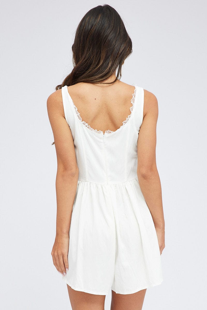 White Playsuit Sleeveless Scoop Neck Corset Detail Lace for Ally Fashion