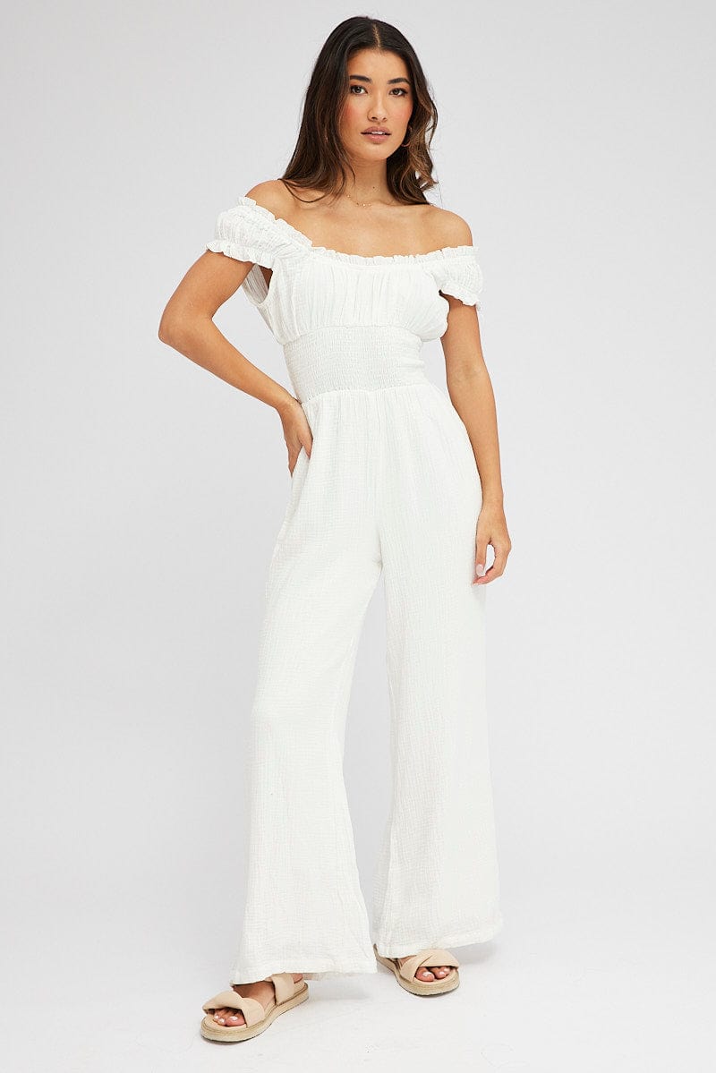 White Jumpsuit Short Sleeve Off Shoulder Shirred Cotton for Ally Fashion