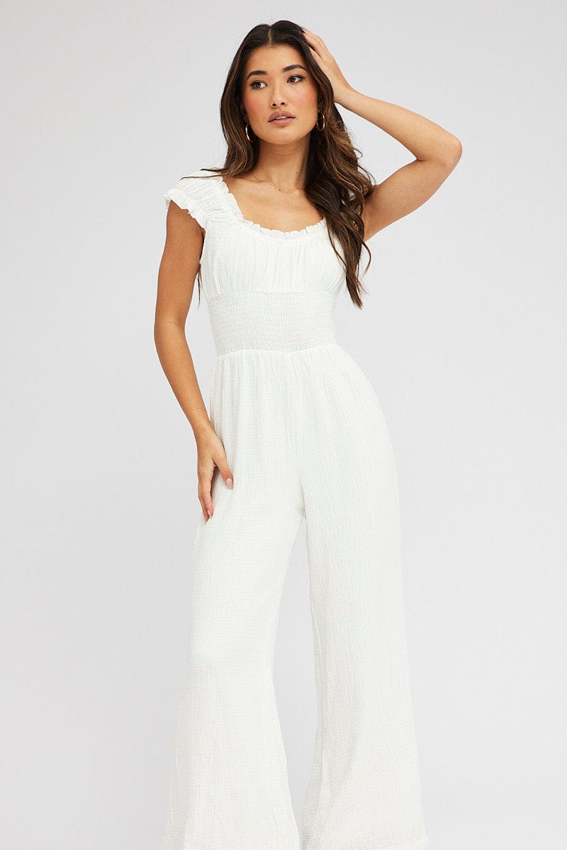 White Jumpsuit Short Sleeve Off Shoulder Shirred Cotton for Ally Fashion