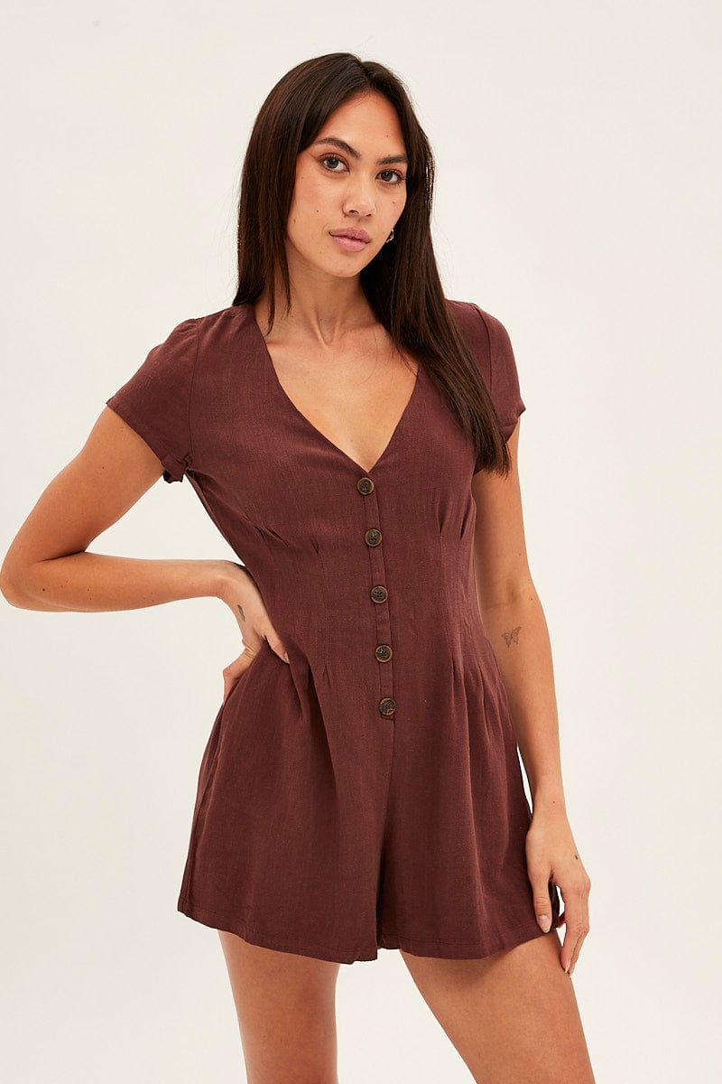 Brown Playsuit Short Sleeve V Neck Linen Blend for Ally Fashion