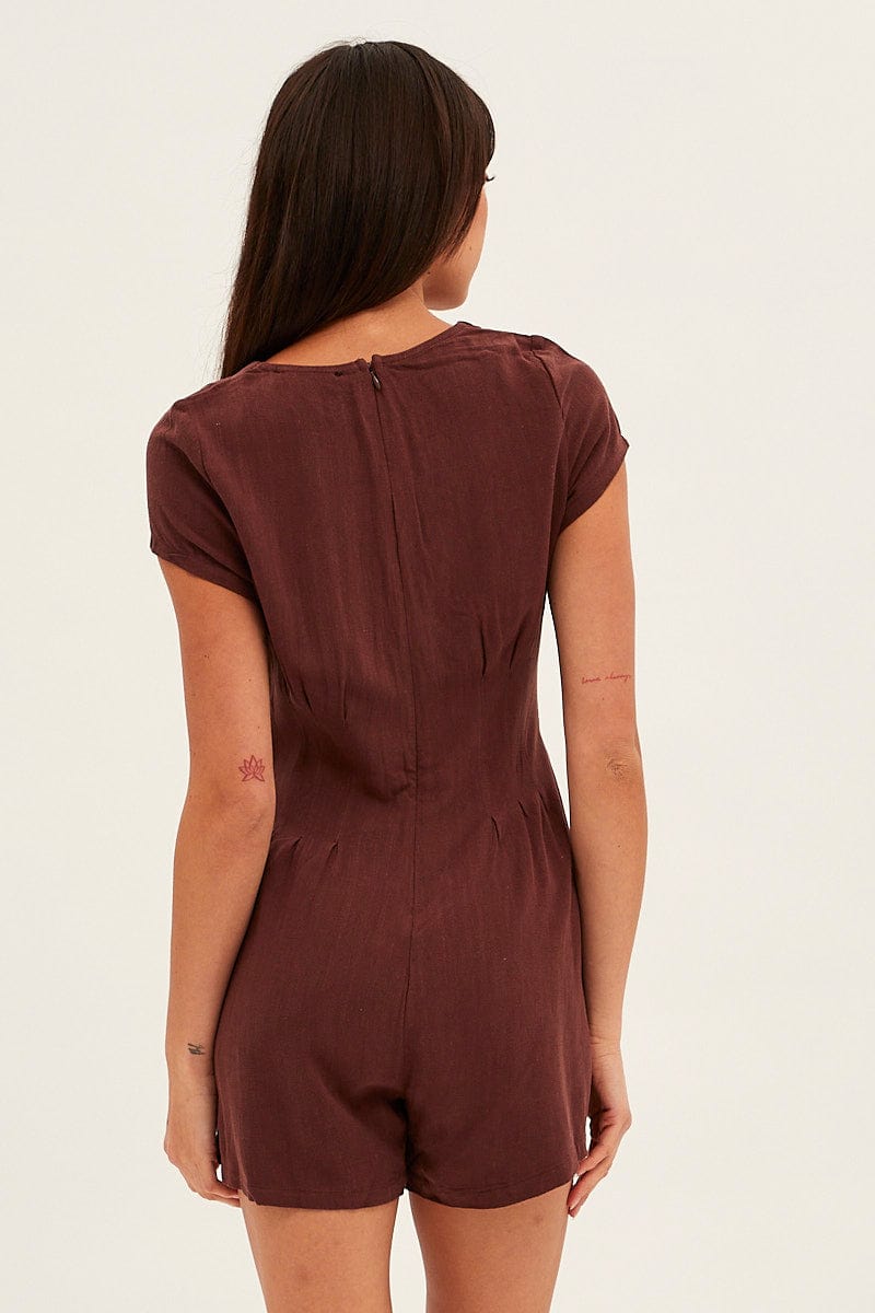 Brown Playsuit Short Sleeve V Neck Linen Blend for Ally Fashion