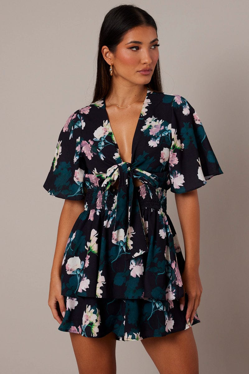 Black Floral Fit And Flare Playsuit for Ally Fashion